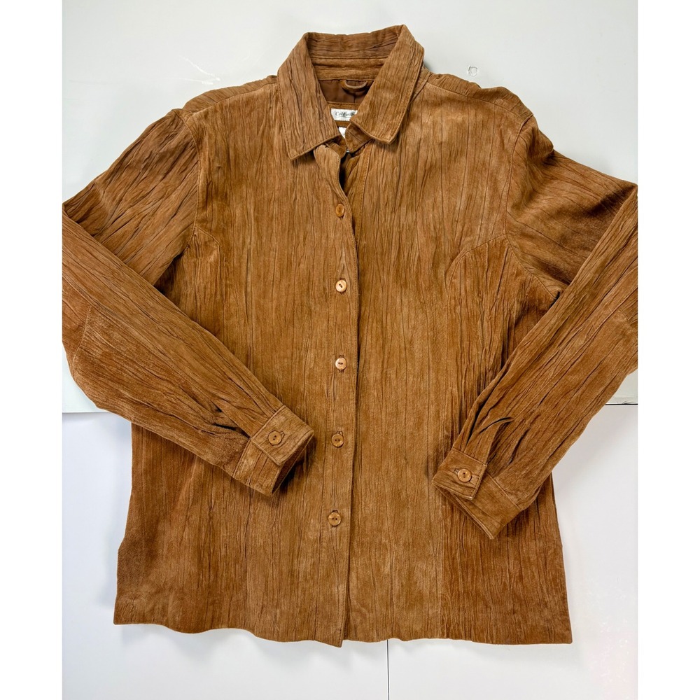 Coldwater Creek Genuine Leather Shirt Jacket Brown Crinkle Western Boho Medium